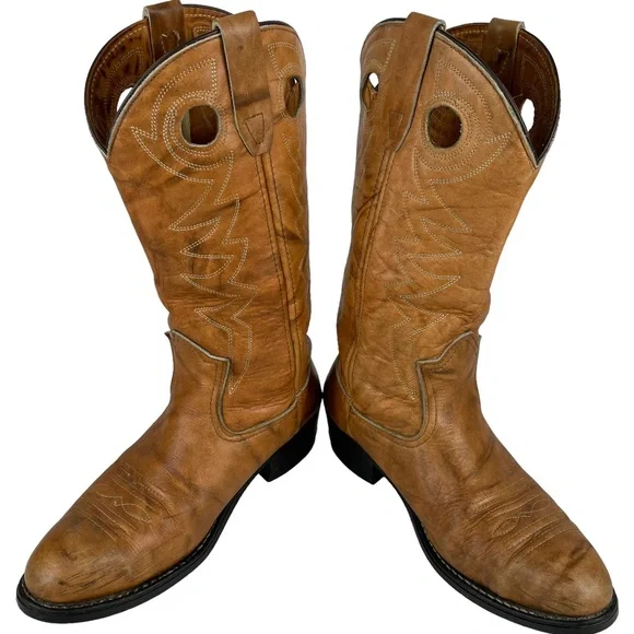 Vintage Cowhide Steel-toe Western Cowboy Brown Leather Boots Stitchwork Mens 8.5 - Picture 2 of 16